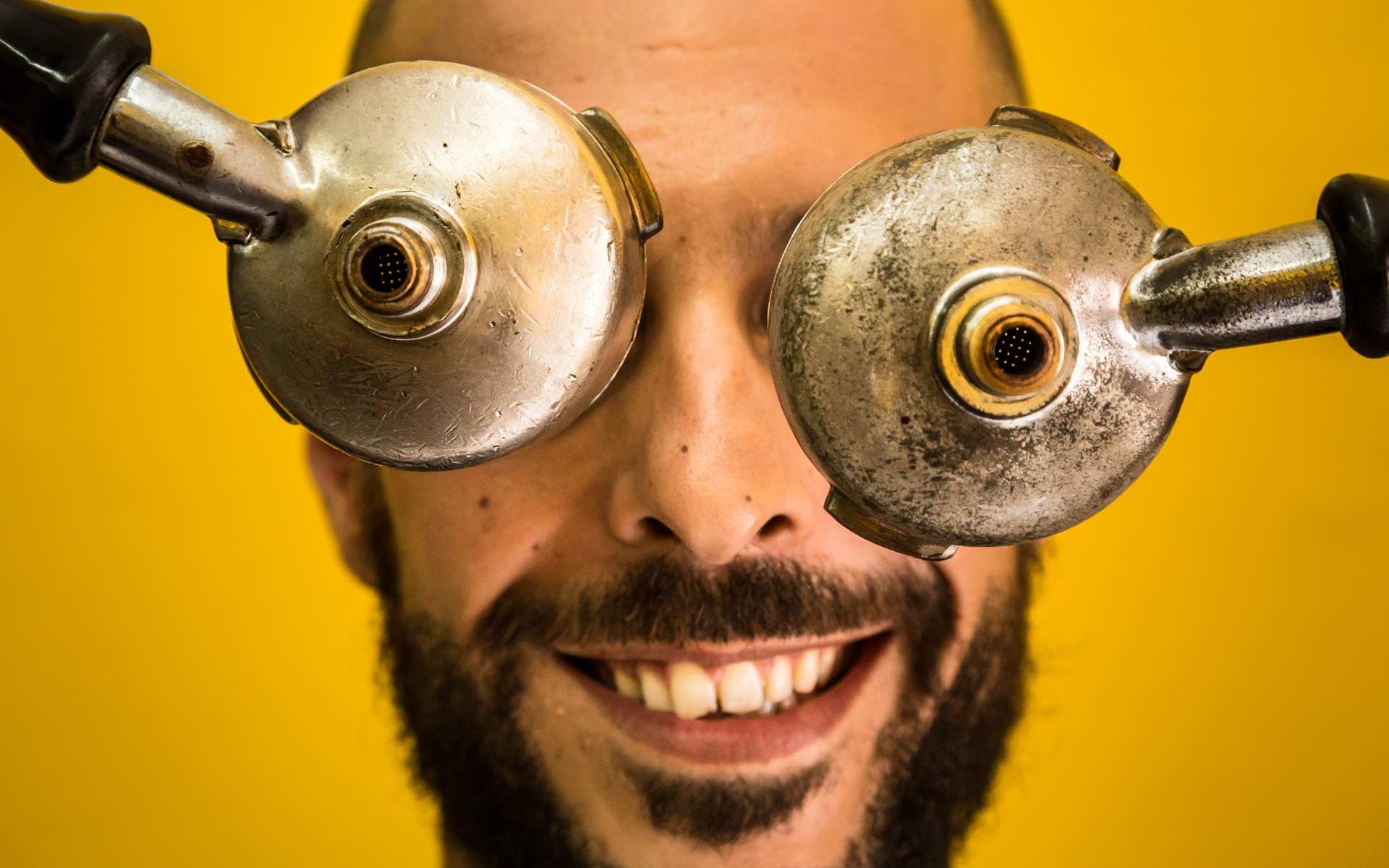 expresso machine head-covering eyes-portrait-yellow background